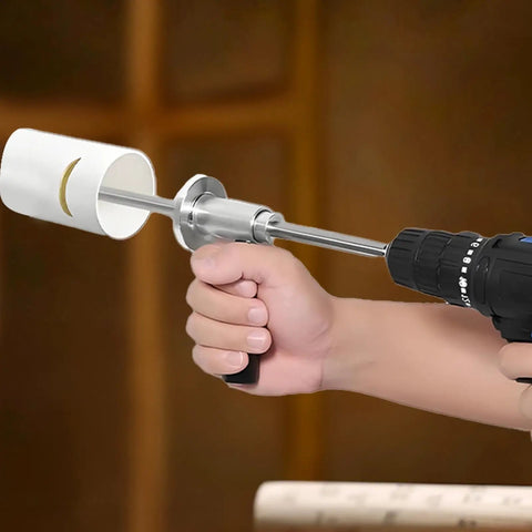 Hand using inside PVC pipe cutter for drill attachment with adjustable depth for precise crimping and clean cuts tool