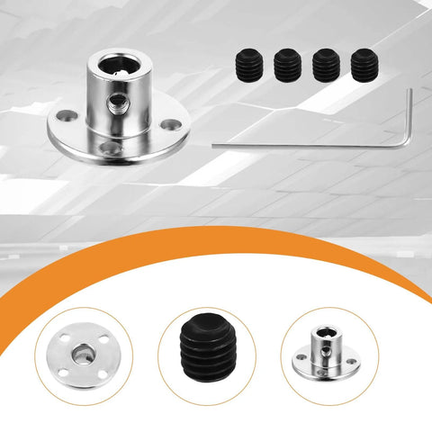 Four 6mm rigid flange shaft couplers with set screws and L-shaped wrench, chrome metal finish (front view)