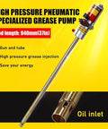 Heavy Duty Pneumatic Grease Pump Kit For 55 Gallon Drums With 16 Foot Hose Drum Cover And Follower Plate 50 To 1 Pressure Ratio Crushes Stubborn Grease Easy With Smooth Zero Fuss Operation, showing a high pressure pneumatic grease pump with gun, 37-inch rod, oil inlet.