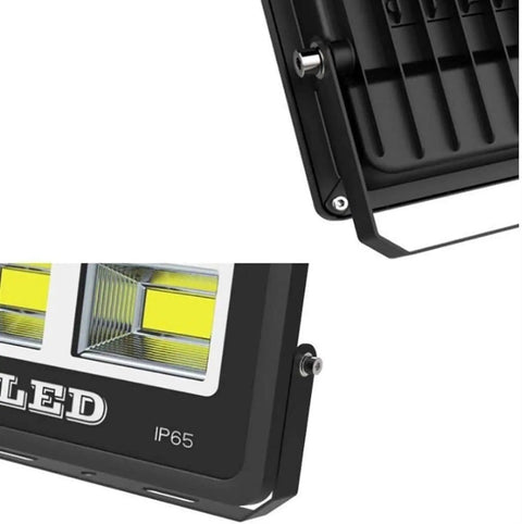 Close-up of a 400W LED Floodlight showing IP65 rating and heat-resistant aluminum body.