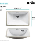 Diagram showing dimensions of Elavo 21 Inch Rectangular Undermount White Porcelain Bathroom Sink With Overflow