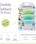 Front view of melii 3-pack stainless steel crinkle cutters in blue, mint and lime with three wavy-blade designs