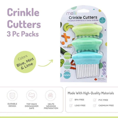 Front view of melii 3-pack stainless steel crinkle cutters in blue, mint and lime with three wavy-blade designs