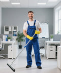 Man in blue overalls holding six pack 18 inch double foam floor squeegee for quick cleanups heavy duty squeegee with EVA foam blade.