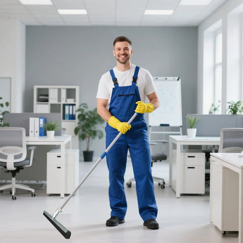 Man in blue overalls holding six pack 18 inch double foam floor squeegee for quick cleanups heavy duty squeegee with EVA foam blade.