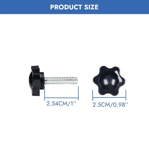 Twelve Pack Of Quarters Twenty By One Inch Star Thumb Screws With Knurled Faces providing size details, 1 inch length and 0.98 inch diameter.