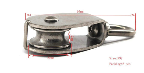 Stainless Steel Wire Rope Pulley Block M32 Swivel Crane Wheel Kit Two Pack for Easy Lifting and Towing 360 Degree Top Ring Prevents Rope Knotting Rust Resistant Durable Heavy Duty Construction, 32mm pulley