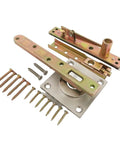 Rock Solid Two Set Metal Door Pivot Hinges With 360 Rotation Invisible Hidden Mounting Up Floor Link Handles Heavy Loads No Sweat Setup Smooth Glide For Interior Wood Doors parts and screws laid out on a surface.
