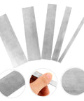 Five piece manganese steel woodworking scraper kit showcasing curved blades for furniture scraping and cabinet polishing.