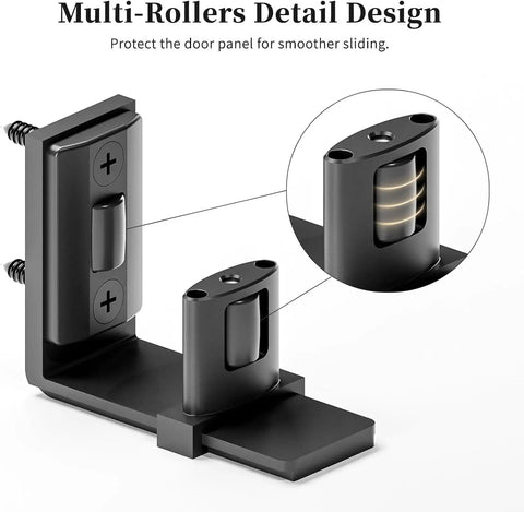 Sliding Barn Door Floor Guide Set With Adjustable U Shape Flexible Flush Design Wall Mounted Black 2 Pack Easy Peasy Install For Smooth Glide Space Saving Hardware Dual Pulley Protection, black metal floor guide with multi-roller detail