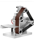 Compact Mini Electric Belt Sander Machine For Desktop Use Multifunctional Grinder with adjustable tension rails for polishing.