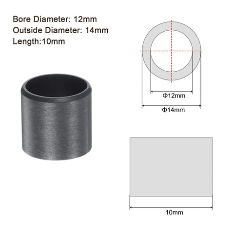 Four Pack Flanged Sleeve Bearings 12Mm X 14Mm X 10Mm Pom Oilless Bushings displayed showing dimensions and black finish.