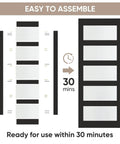 Glass Barn Door 42x96 Inch with 5-Panel Frosted Glass, solid wood frame, black finish, easy assembly guide, nickel hardware.