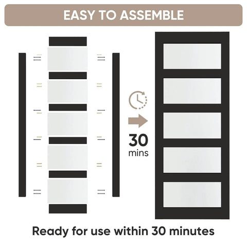 Glass Barn Door 42x96 Inch with 5-Panel Frosted Glass, solid wood frame, black finish, easy assembly guide, nickel hardware.