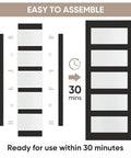 Illustration of assembly process for 36 Inch By 96 Inch Glass Barn Door With 5 Panel Frosted Glass, showing components and time.