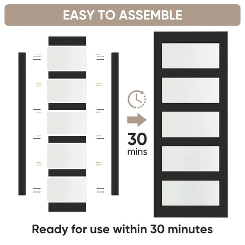 Illustration of assembly process for 36 Inch By 96 Inch Glass Barn Door With 5 Panel Frosted Glass, showing components and time.