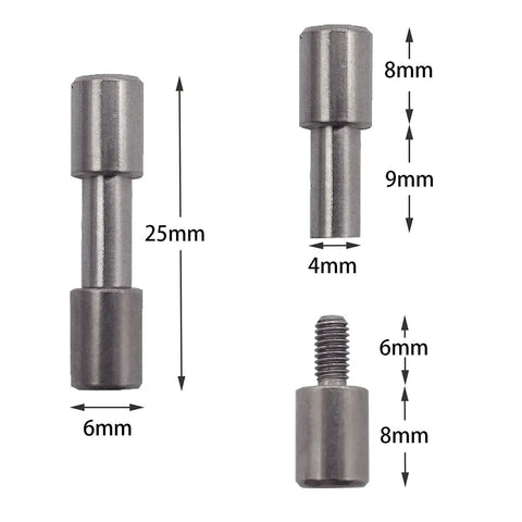 Diagrams showing Beefy Stainless Steel Bracket Bolt Fasteners For Knife DIY Handle And EDC Gear with measurements of 25mm length, 4mm shaft, 6mm head diameter.