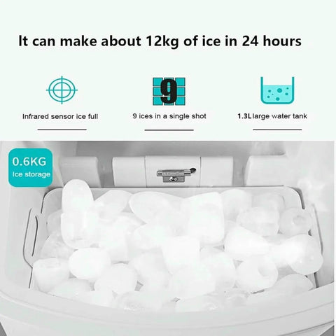 Snap This Ultra Fast Countertop Ice Maker Onto Any Shelf And Pull Out Chilled Bullet Cubes In Minutes showing ice storage and tank details.