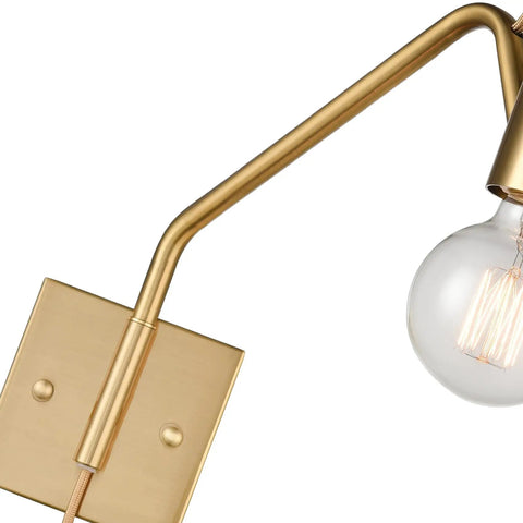 Close-up of Plug In Wall Sconces Set Of Two Farmhouse Swing Arm Gold Wall Lights with brushed gold finish and vintage bulb.