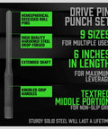 Drive pin punch set detailing features like hemispherical roll pins, hardened steel, and extended shaft for maximum leverage.