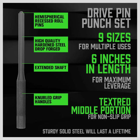 Drive pin punch set detailing features like hemispherical roll pins, hardened steel, and extended shaft for maximum leverage.