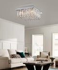 Raindrop Crystal Chandelier With Chrome Finish Modern Flush Mount Ceiling Light for living room, highlighting sparkle and elegance.