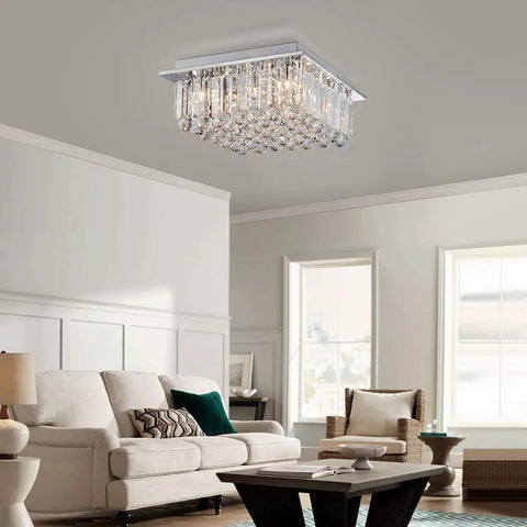 Raindrop Crystal Chandelier With Chrome Finish Modern Flush Mount Ceiling Light for living room, highlighting sparkle and elegance.