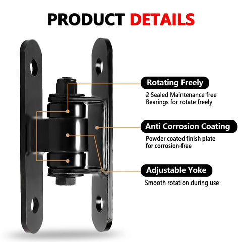 2 Pack Beefy Heavy Duty Outdoor Gate Hinges With Sealed Bearings Bolt On Design For Large Heavy Driveway Gates Adjustable Yoke Pivot For A Perfect Fit Supports Up To 1100 Lbs Type C, black steel hinge close-up