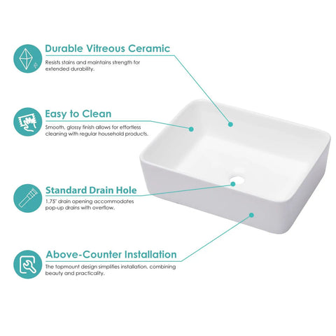 Diagram of Rectangular White Vessel Sink 19x15 Inches For Above Counter Vanity with features and benefits highlighted.