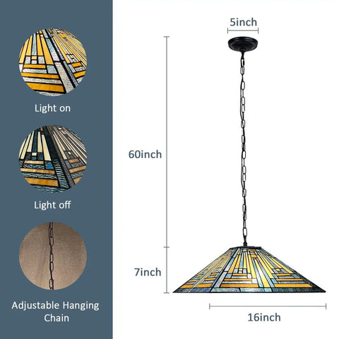 Measurements of Blue Tiffany Style Mission Pendant Light 16 Inch Hanging Lamp With Stained Glass Two Light Antique Ceiling Fixture