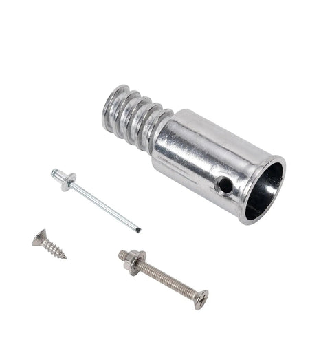 Heavy Duty Metal Replacement Tips Kit For Telescopic Extension Poles With Three Quarters Inch Threaded Tips, Easy Install No Fuss Repairs, Fits Most Poles With Three Quarters Inch Diameter, Compatible With Extend-A-Reach DocaPole Poles. Silver aluminum replacement tip kit with screws