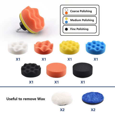 Various colored pads from 120 Pack 3 Inch Polishing Pad Set For Drill Sanding Attachment With 5/16 And 1/4 Inch Shanks