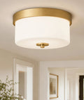 11 Inch Brushed Gold Flush Mount Ceiling Light With Milk Glass Shades for hallways, kitchens, bathrooms, dining rooms