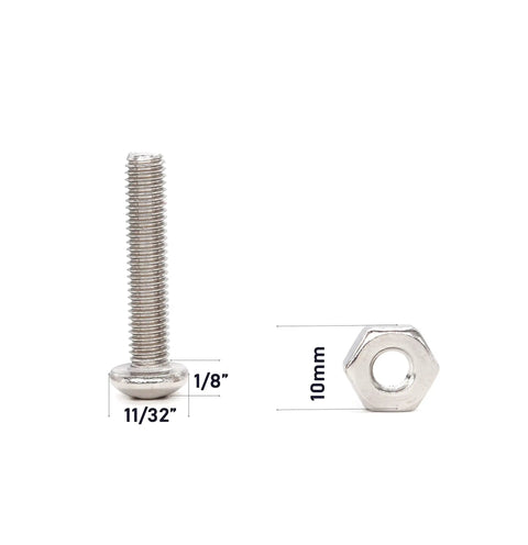 Side view of 110 Piece 10 32 Pan Phillips Screws Hex Nuts Flat Washers Assortment Kit In 304 Stainless Steel shown with dimensions.