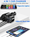 All In One USB C Car Charger With 168W Power, showing PD3.0 and dual USB ports charging devices, plugged into cigarette lighter