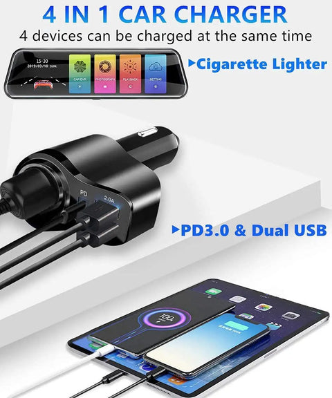 All In One USB C Car Charger With 168W Power, showing PD3.0 and dual USB ports charging devices, plugged into cigarette lighter