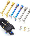 Rock Solid Titanium Disc Brake Bolts For Bikes With Heavy Duty Pvd Coated Threaded Plugs and circlips, multi-colored, set of four bolts and clips.