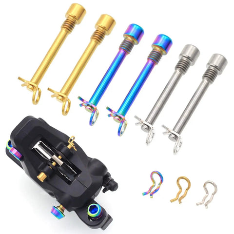 Rock Solid Titanium Disc Brake Bolts For Bikes With Heavy Duty Pvd Coated Threaded Plugs and circlips, multi-colored, set of four bolts and clips.