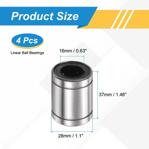 4 Pack LM16UU Linear Ball Bearings 16mm Bore 28mm OD 37mm Length With Double Sided Rubber Seals For Smooth Linear Motion