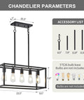 Dimensions of 5-Light Black Farmhouse Kitchen Chandelier with 52-inch adjustable height, E26 base, and steel frame.
