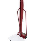 Full Size Manual Hand Winch Work Positioner Lift Truck For Warehouse with red steel frame and white platform, smooth rolling casters.