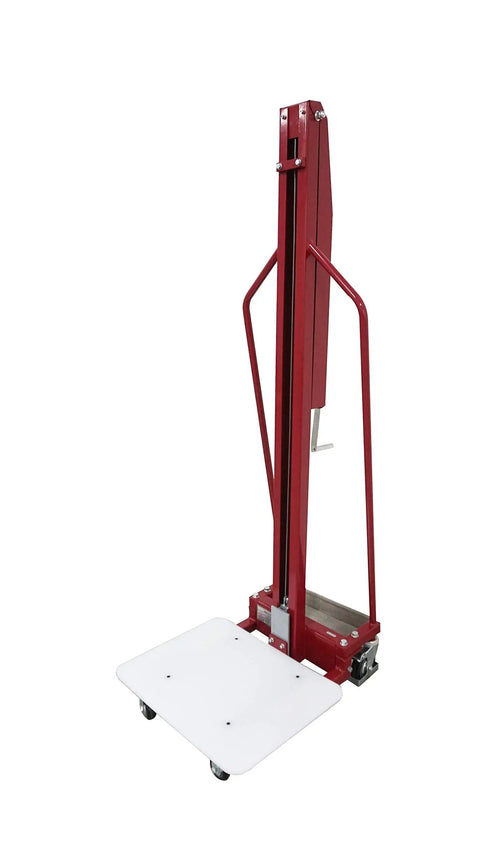 Full Size Manual Hand Winch Work Positioner Lift Truck For Warehouse with red steel frame and white platform, smooth rolling casters.