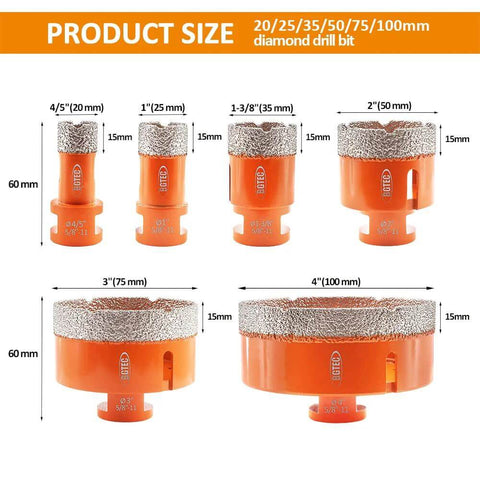 BGTEC six-piece dry diamond core drill bit set for porcelain tile, ceramic, marble, brick; sizes 20/25/35/50/75/100 mm