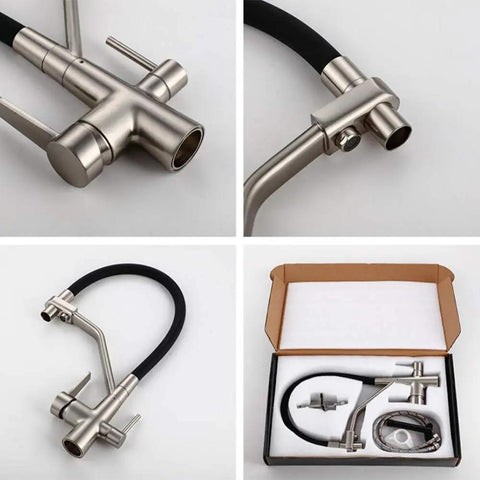 GAZOGJ 3-Way Kitchen Faucet with 360°Rotating Extendable Shower Head, showing dual lever design and packaging.