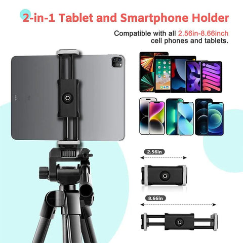 64 Inch Camera And Tablet Tripod With Remote For iPad And iPhone, Aluminum Alloy Legs, 2 In 1 Phone Holder for Cameras, Tablets