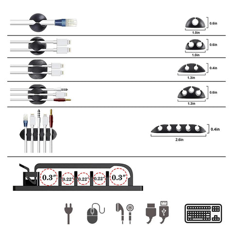 Ultimate Cable Management Kit For Desk And TV Setup with cord holder dimensions and cable placements shown.