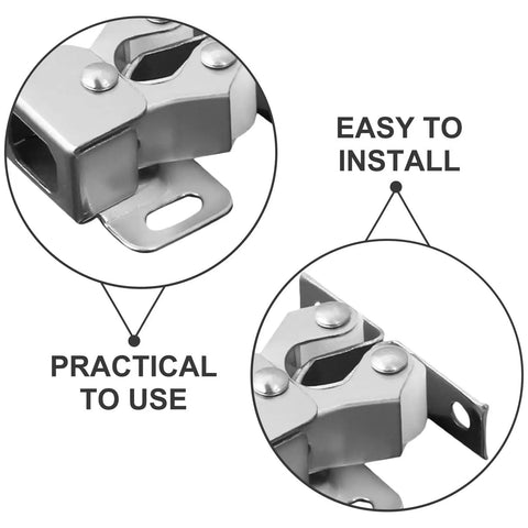 Close-up of Bead Roller Cabinet Latch 12 Pack Double Roller Door Catch Spring Loaded Galvanized Low Profile Catch with installation detail.