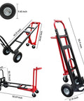 Heavy Duty Convertible Hand Truck Dolly Cart With Four Smooth Rolling Wheels And 1000 Pound Capacity, showing dimensions and details.