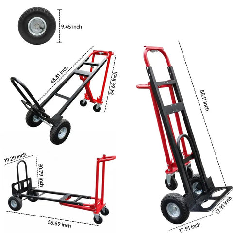 Heavy Duty Convertible Hand Truck Dolly Cart With Four Smooth Rolling Wheels And 1000 Pound Capacity, showing dimensions and details.