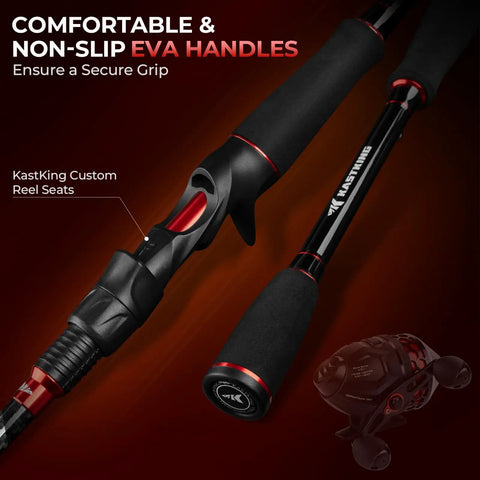 Twin Tip Spin Cast Fishing Combo 6 Foot 6 Inch Medium Action Rod Two Piece With Extra Tip And Size 30 Reel, EVA handles visible